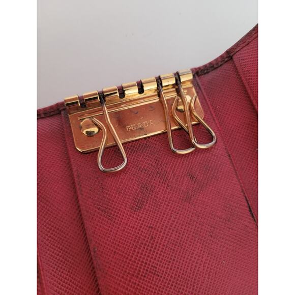 PRADA Leather Logo Wallet Small Pink Saffiano Compact Key Case Hooks Holder Bow - Picture 4 of 9